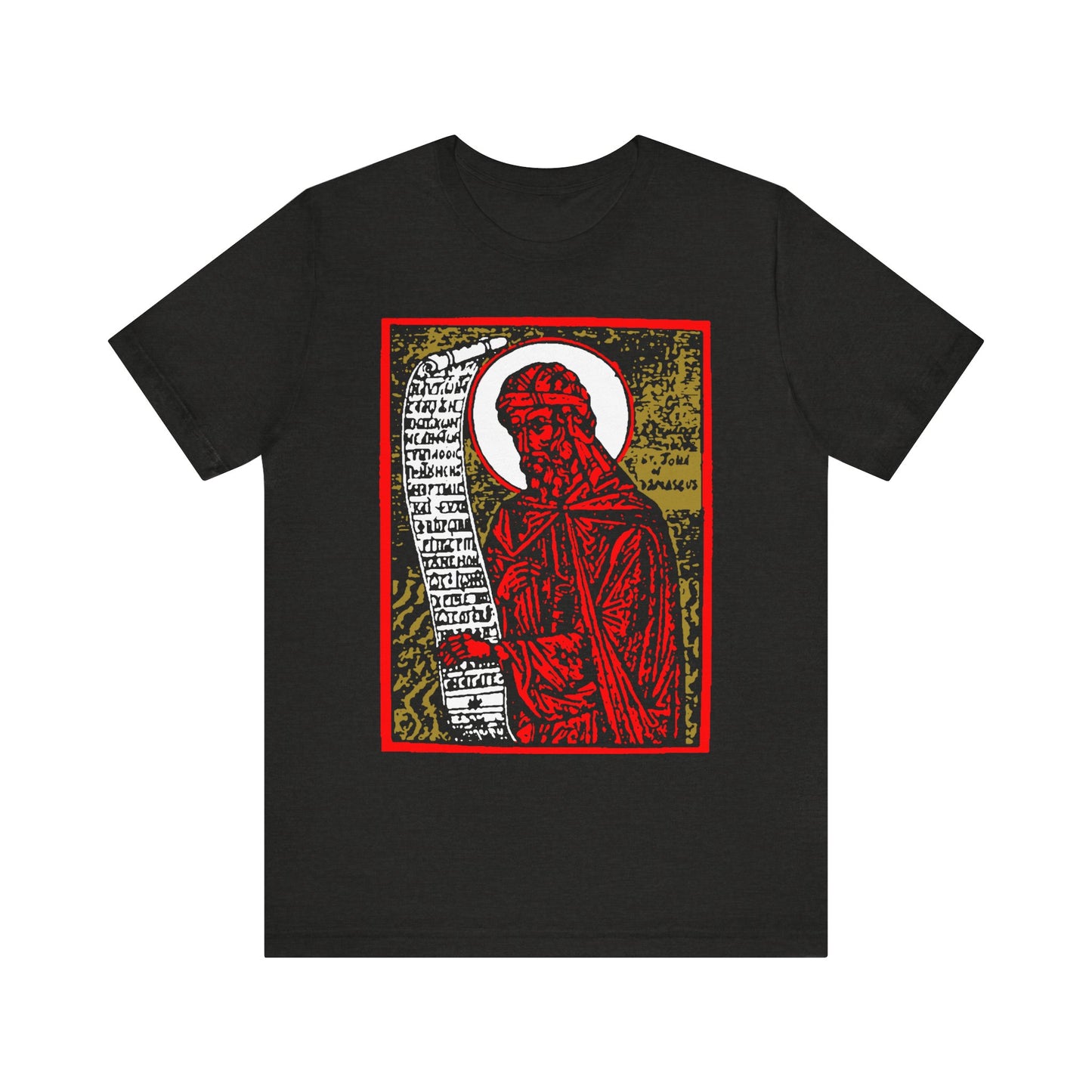 St. John of Damascus Icono-Graphic | Orthodox Christian Saint | Red Gold & Black High Contrast Design | Lightweight Cotton Unisex Tee