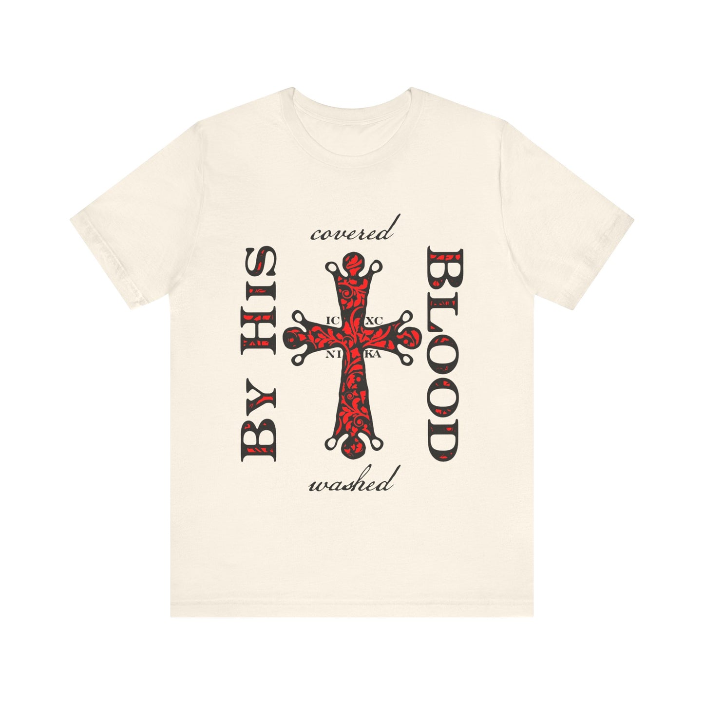 Washed/Covered By His Blood (1 John 1:7) | ICXC NIKA Ornate Red Orthodox Cross | Orthodox Christian Cotton T-Shirt