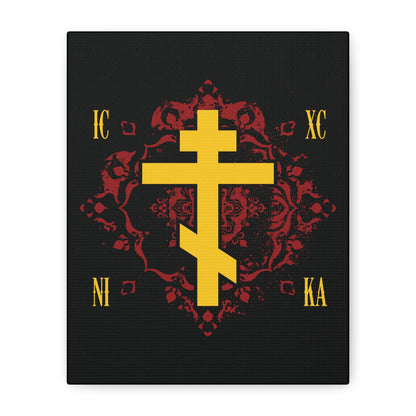 The "ICXC NIKA Yellow Russian Cross on Ornate Red Background Design | Jesus Christ Conquers" Orthodox Christian canvas art features a gold cross with IC XC NI KA, symbolizing Christ’s victory, set on a rich red background.