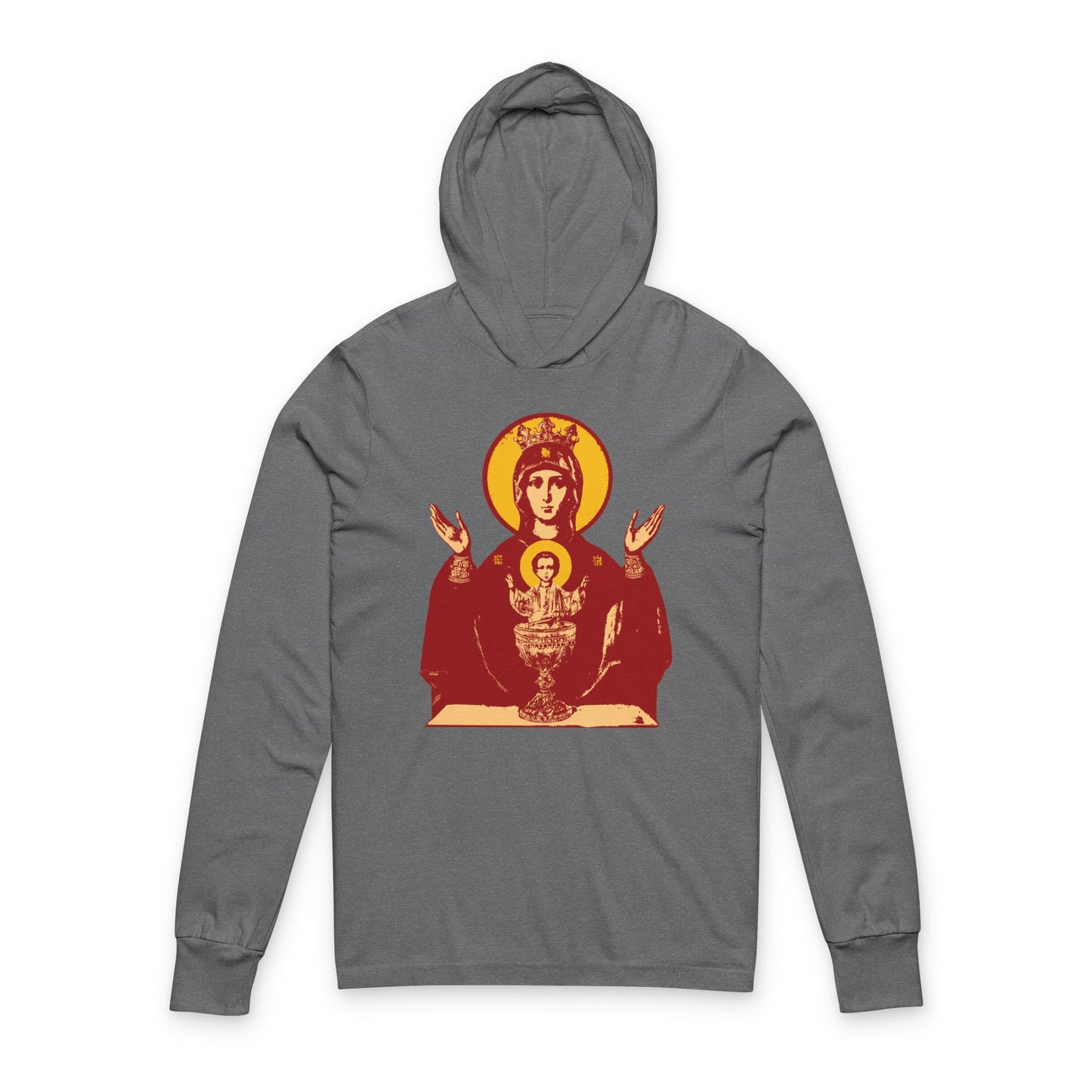 Grey TriBlend hoodie featuring the Holy Theotokos IconoGraphic of the Inexhaustible Chalice—Deliverer from Addictions, Conquer Passions. Orthodox Christian hooded shirt with a stylized icon inspired by traditional imagery on the front.