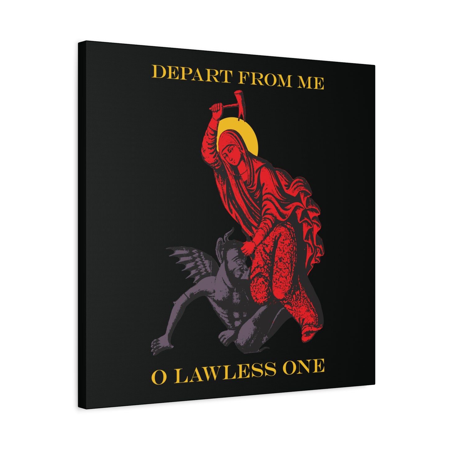 St Marina IconoGraphic (Depart from Me O Lawless One) | Saint Beating the Devil with a Hammer | Orthodox Christian Canvas Art