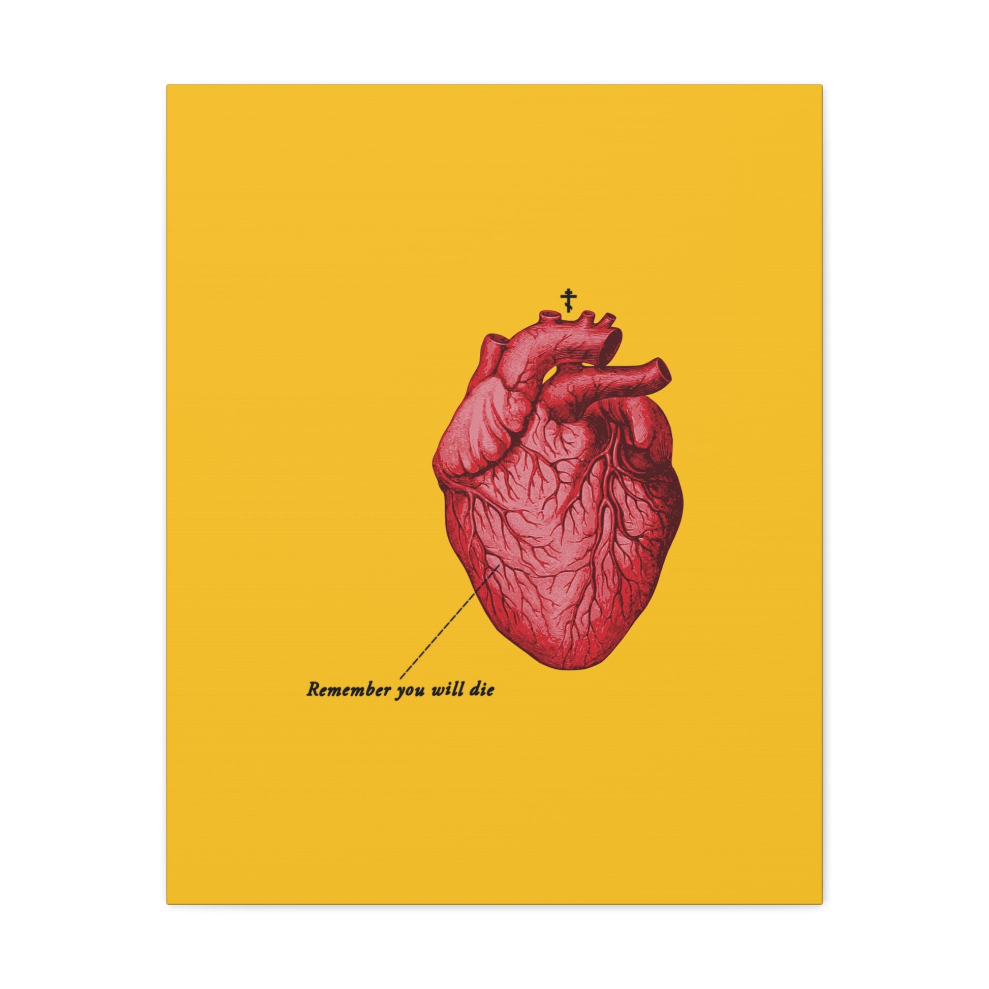 A red anatomical heart with "Remember You Will Die" text on yellow, featuring an Orthodox Cross and retro medical design. Inspired by Christian art and memento mori: It's Later Than You Think.