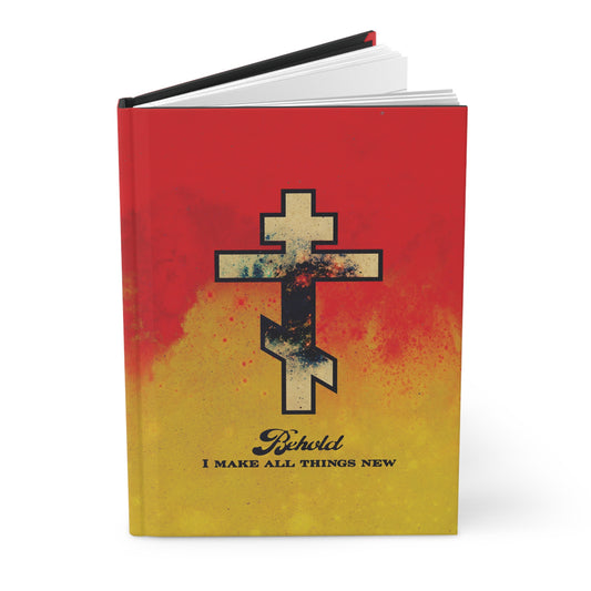 Behold, I Make All Things New (Rev 21:5) | Cosmic Orthodox Cross on Red and Yellow Background | Orthodox Christian Hardcover Journal