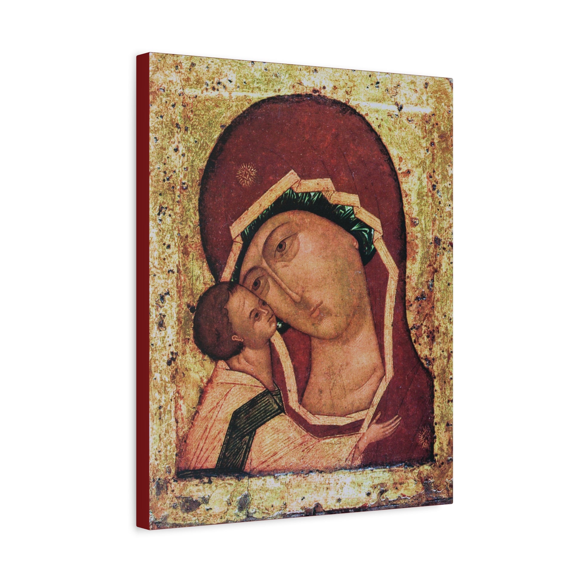 Igorevskaya Russian Icon of the Mother of God | Theotokos Tenderness (Eleusa) Orthodox Christian Icon, depicting the Virgin Mary with baby Jesus in a solemn embrace on a textured gold background, inspired by the venerated icon associated with Saint Igor Olgovich and the Kiev-Pechersk Lavra—available as religious canvas wall art.