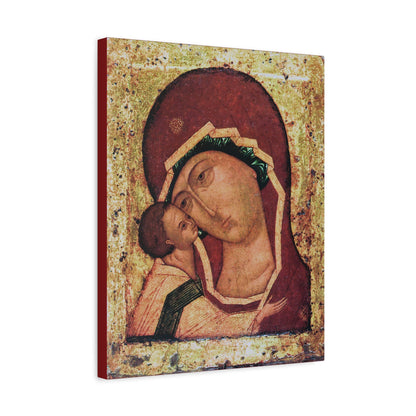 Igorevskaya Russian Icon of the Mother of God | Theotokos Tenderness (Eleusa) Orthodox Christian Icon, depicting the Virgin Mary with baby Jesus in a solemn embrace on a textured gold background, inspired by the venerated icon associated with Saint Igor Olgovich and the Kiev-Pechersk Lavra—available as religious canvas wall art.
