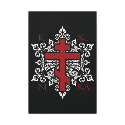 ICXC / NIKA Red Orthodox Cross on Ornate White Medieval Floral Design | Exclusive Best-Selling | Orthodox Christian Canvas Art