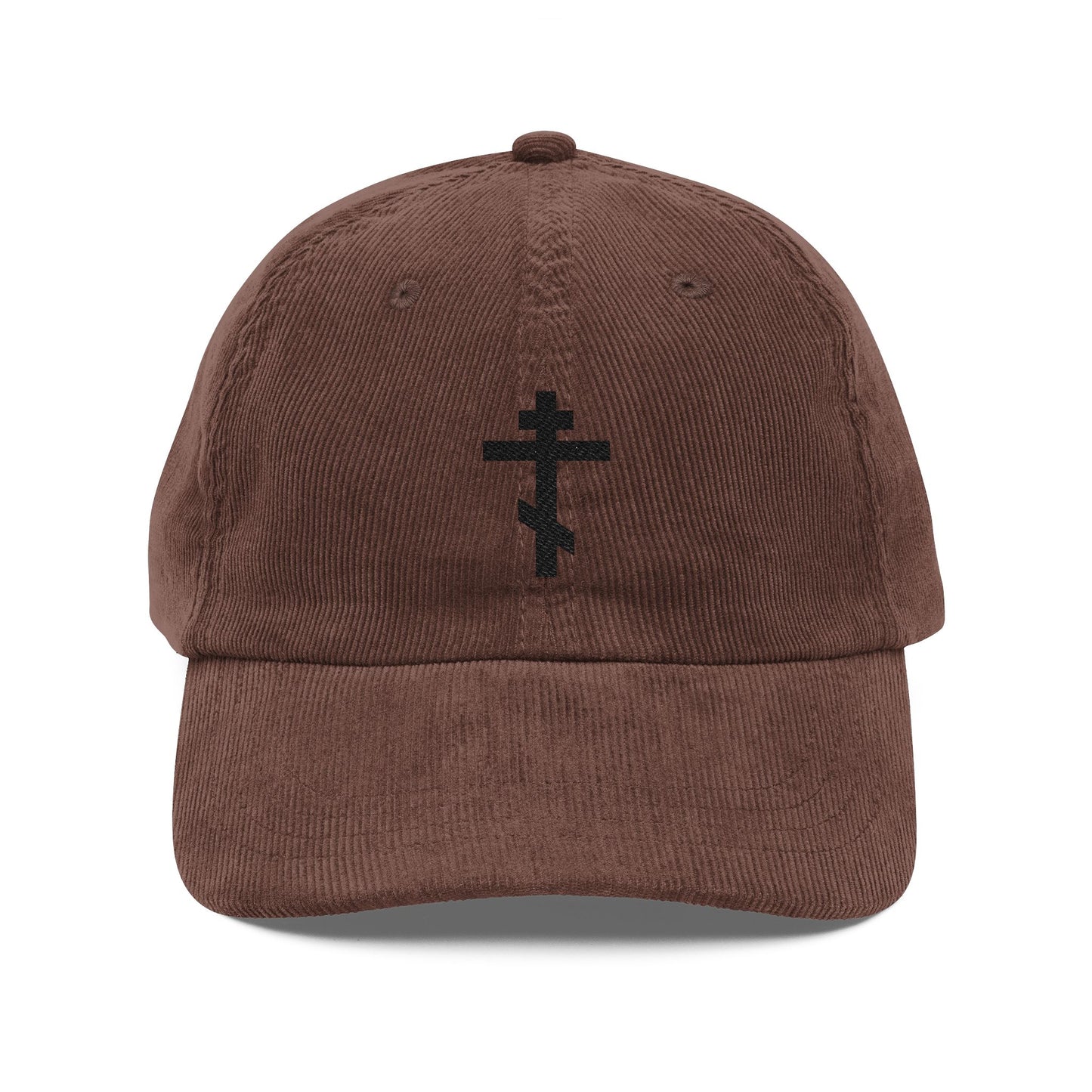 Simple black Orthodox TriBar Cross cap: brown corduroy baseball hat with embroidered double-barred cross on the front. Cotton, Orthodox Christian design. "Weapon of Unseen Warfare Which Makes Demons Tremble.