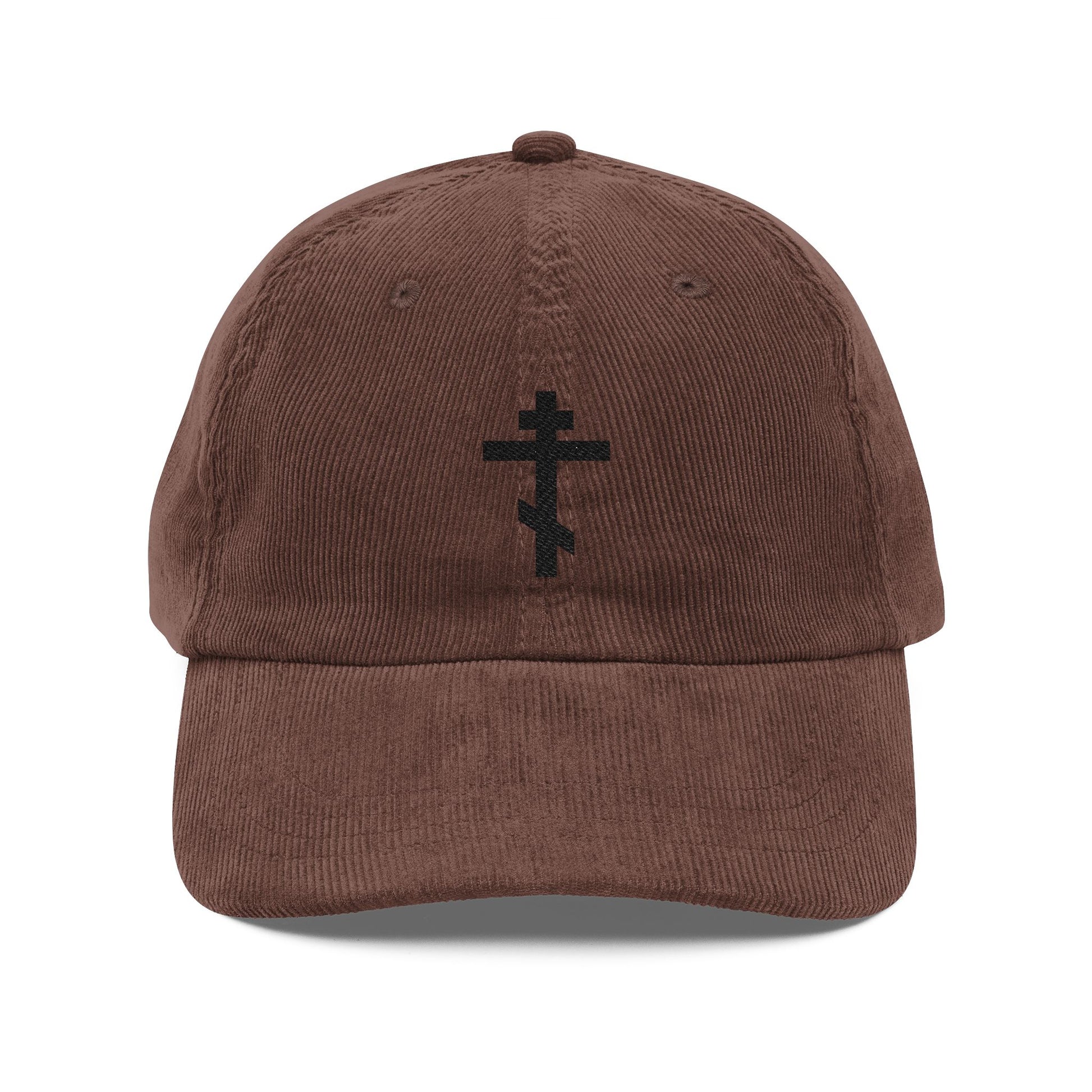 Simple black Orthodox TriBar Cross cap: brown corduroy baseball hat with embroidered double-barred cross on the front. Cotton, Orthodox Christian design. "Weapon of Unseen Warfare Which Makes Demons Tremble.