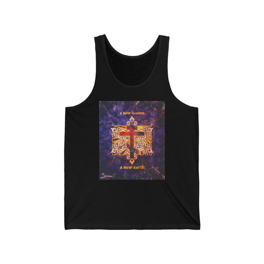 A New Heaven/A New Earth | Red Orthodox Cross on Textured Ornate Background | Apocalyptic | Orthodox Christian Cotton Tank Top