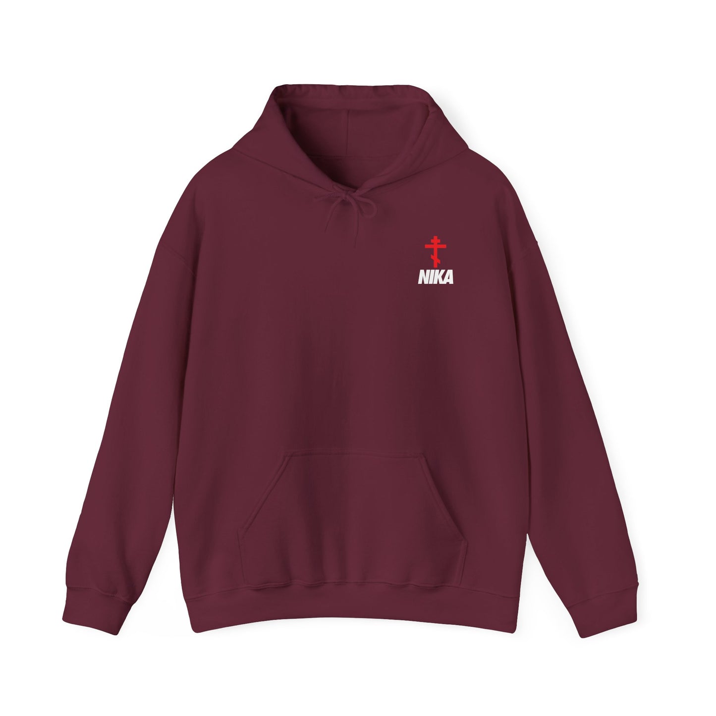 Maroon “NIKA Orthodox Cross” hoodie featuring a small red cross above white NIKA text on the left chest, inspired by traditional Christogram designs; Christian athletic hoodie, Nike logo mashup.
