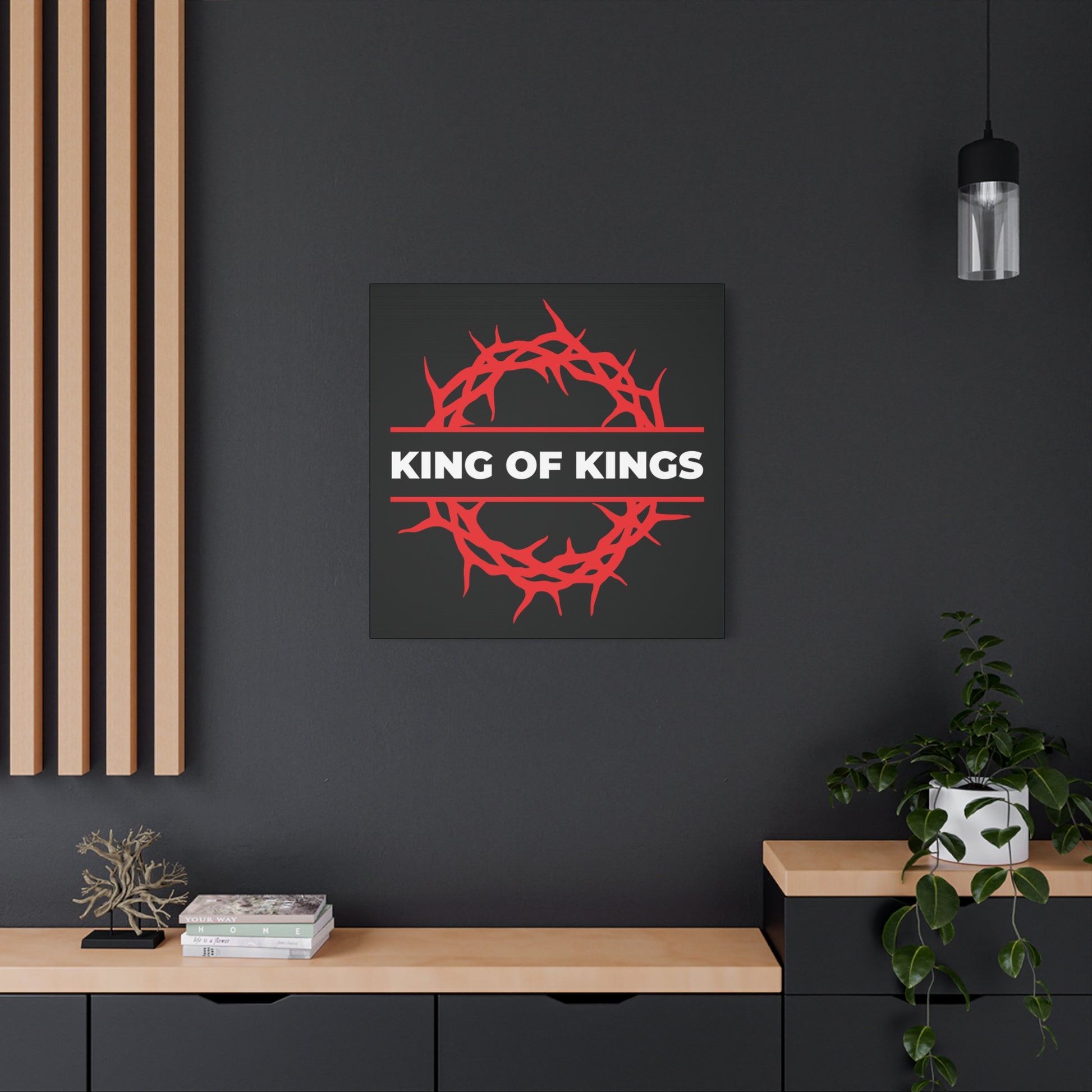 The "King of Kings Crown of Thorns | The King of Glory | Christ is King | Revelation 19:16" bold Christian canvas art features a red crown of thorns and the words King of Kings, perfect for modern home decor.