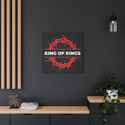 The "King of Kings Crown of Thorns | The King of Glory | Christ is King | Revelation 19:16" bold Christian canvas art features a red crown of thorns and the words King of Kings, perfect for modern home decor.