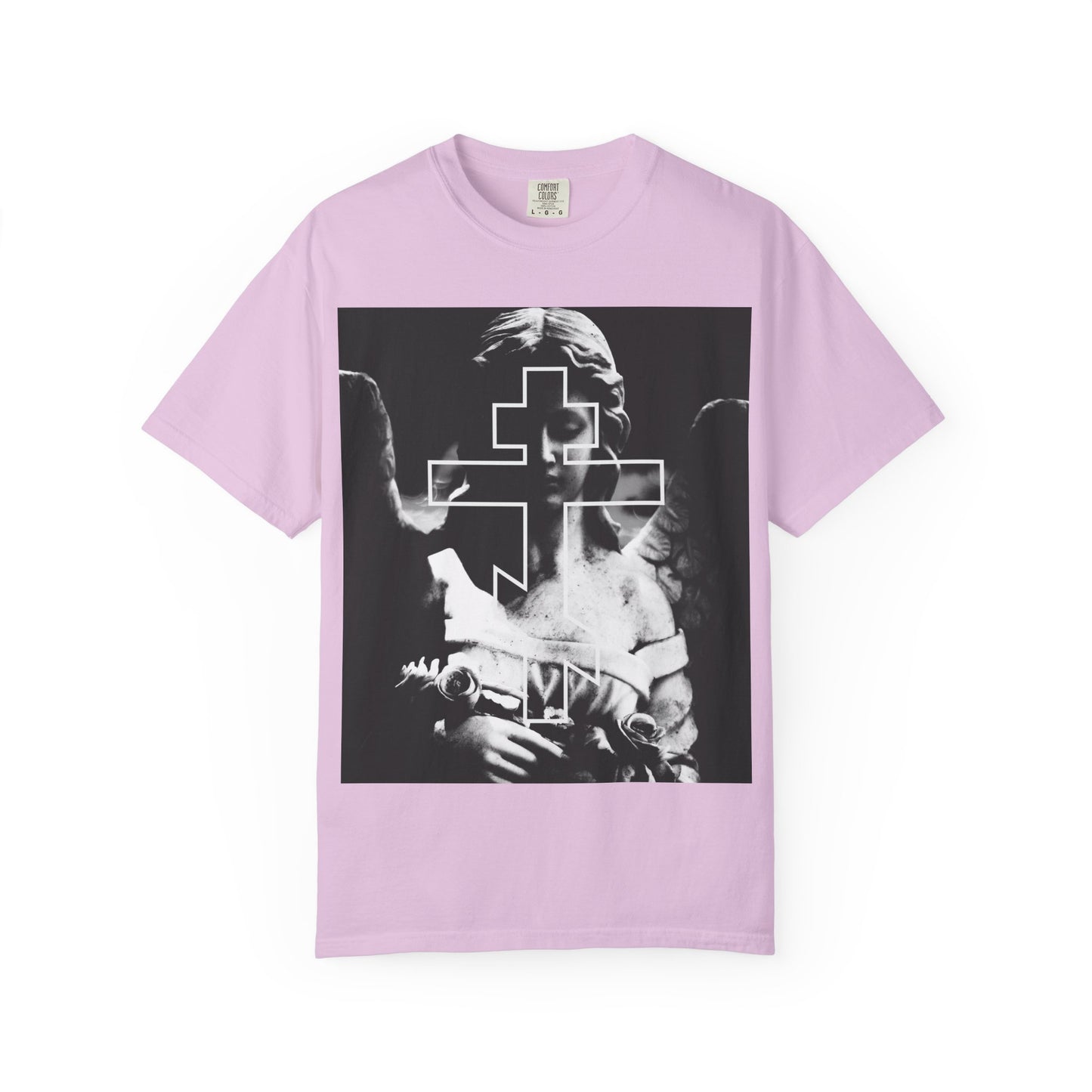Orchid heavyweight cotton unisex tee featuring a grayscale Cemetery Angel Orthodox Cross graphic with a memento mori theme—perfect for those who appreciate goth aesthetics and meaningful designs.
