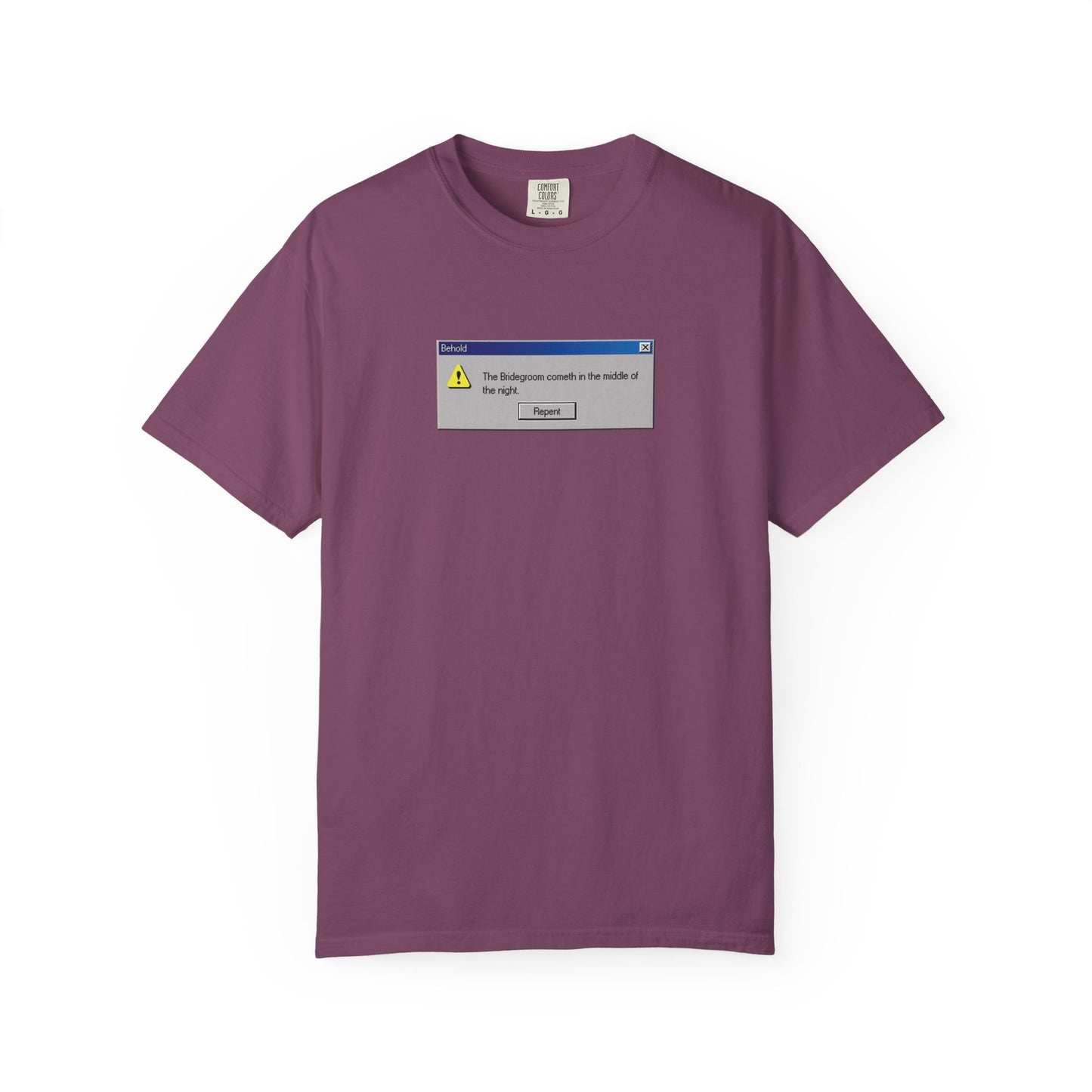 Berry t-shirt featuring a “Behold the Bridegroom” Windows error message design on the chest, inspired by Orthodox Christian themes of repentance and playful reflection.