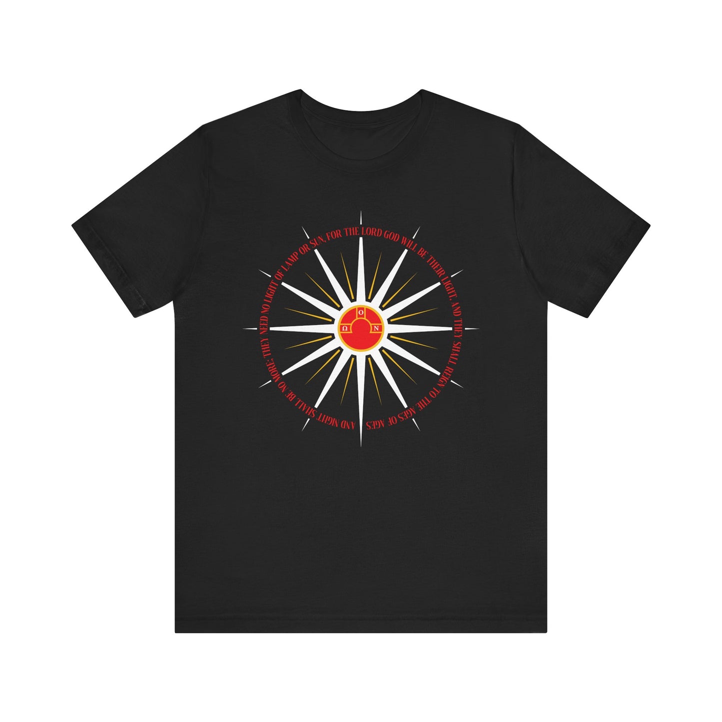 Black "And Night Shall Be No More" (Rev. 22:5) t-shirt featuring blazing sun rays and a central red house in a compass motif—Orthodox Christian, apocalyptic theme, lightweight cotton.