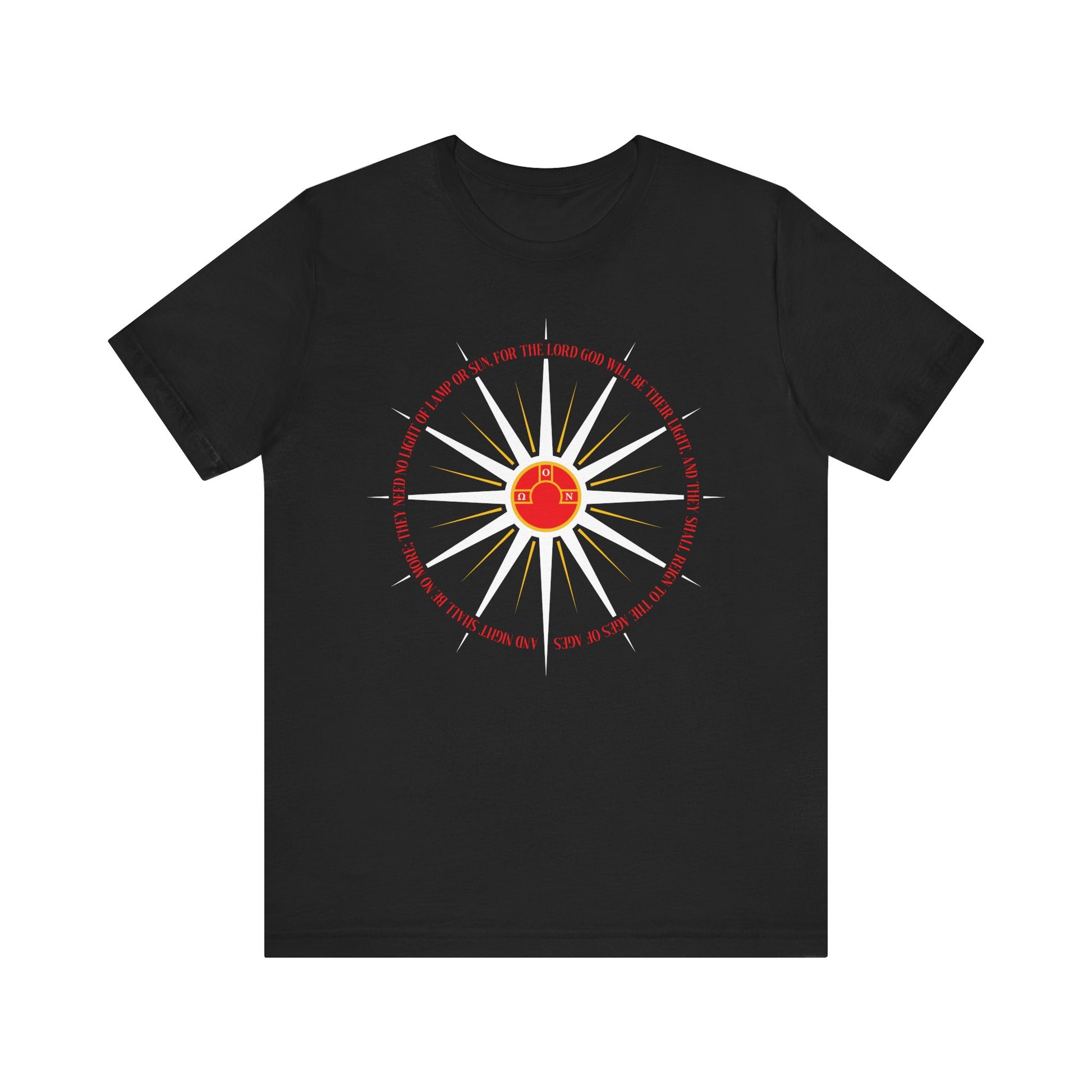 Black "And Night Shall Be No More" (Rev. 22:5) t-shirt featuring blazing sun rays and a central red house in a compass motif—Orthodox Christian, apocalyptic theme, lightweight cotton.