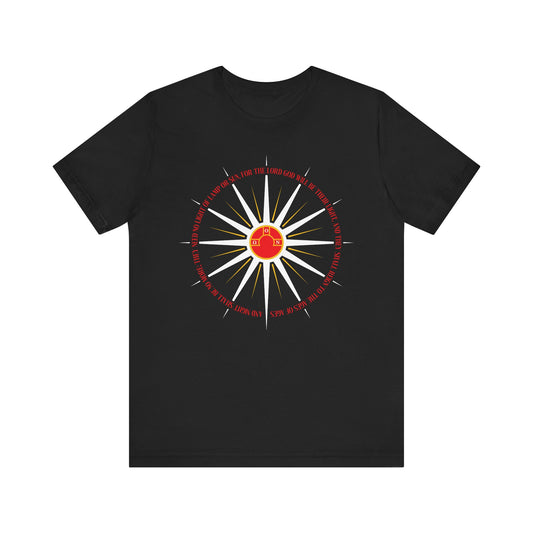 Black "And Night Shall Be No More" (Rev. 22:5) t-shirt featuring blazing sun rays and a central red house in a compass motif—Orthodox Christian, apocalyptic theme, lightweight cotton.
