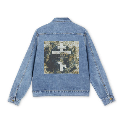 Behold, I Make All Things New | Revelation 21:5 | Cosmic Textured Orthodox Cross | Parousia | Orthodox Christian Blue Denim Jacket
