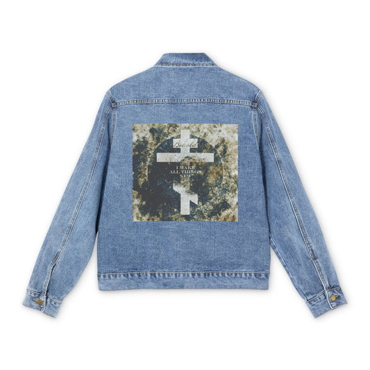 Behold, I Make All Things New | Revelation 21:5 | Cosmic Textured Orthodox Cross | Parousia | Orthodox Christian Blue Denim Jacket