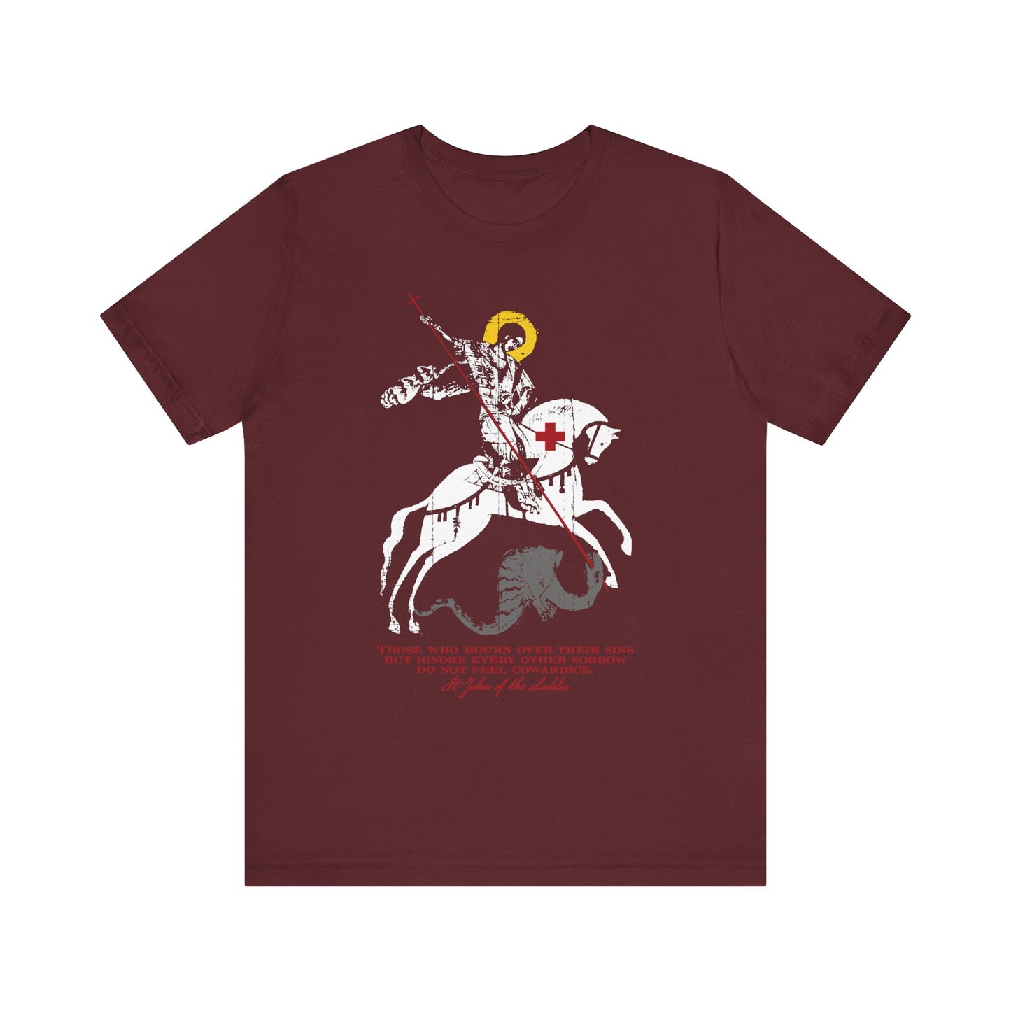 Maroon t-shirt featuring the “Those Who Mourn Over Their Sins | St George Slaying Dragon IconoGraphic”—an Orthodox Christian lightweight cotton unisex tee inspired by St John Climacus, illustrating spiritual resilience and the courage born from godly mourning.