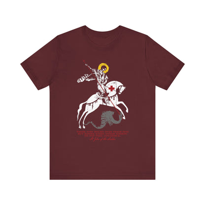 Maroon t-shirt featuring the “Those Who Mourn Over Their Sins | St George Slaying Dragon IconoGraphic”—an Orthodox Christian lightweight cotton unisex tee inspired by St John Climacus, illustrating spiritual resilience and the courage born from godly mourning.