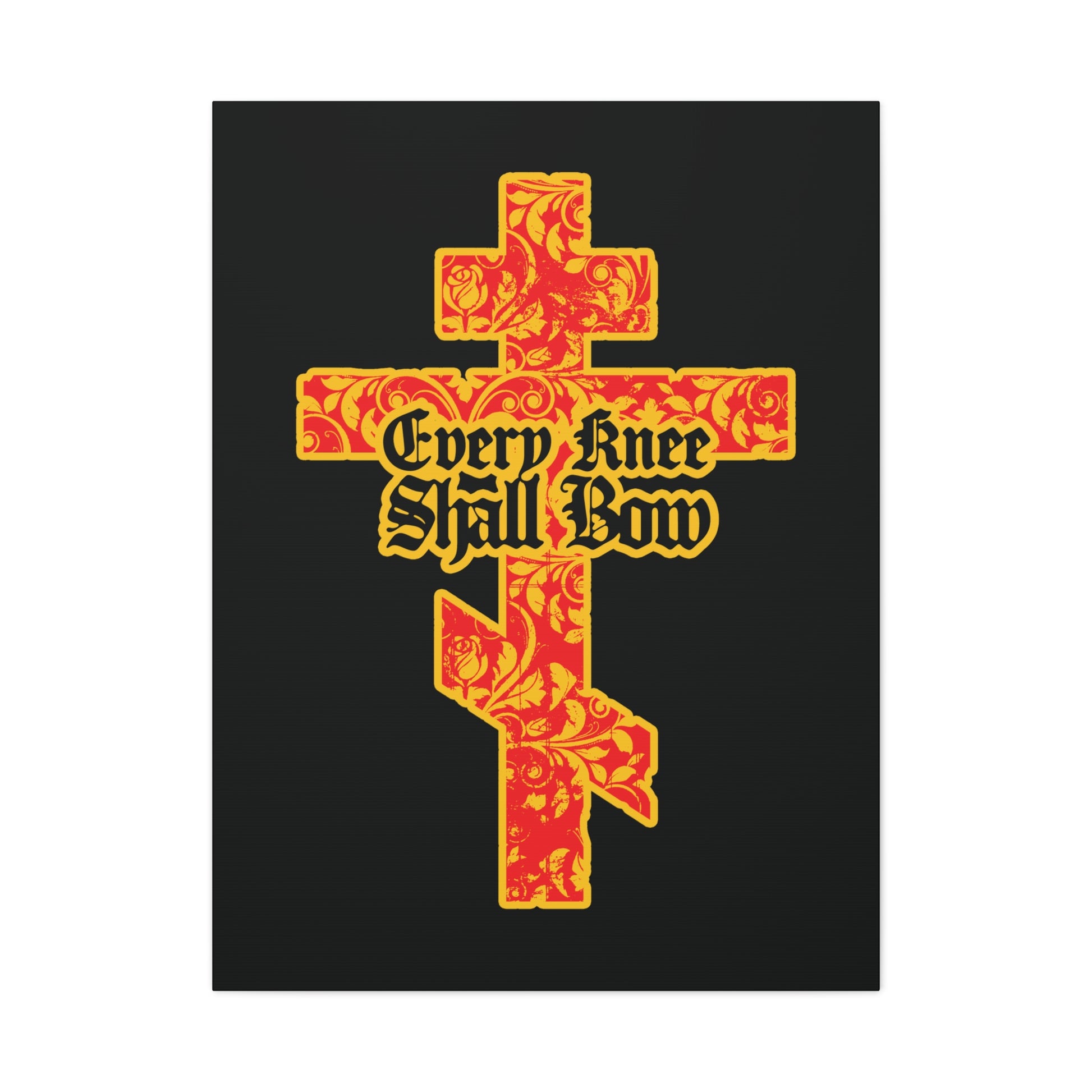 A gold and red floral-textured Orthodox cross with gothic "Every Knee Shall Bow" lettering (Isaiah 45:22-24, Phil 2:7-11) on black, featured as Christian wall art.