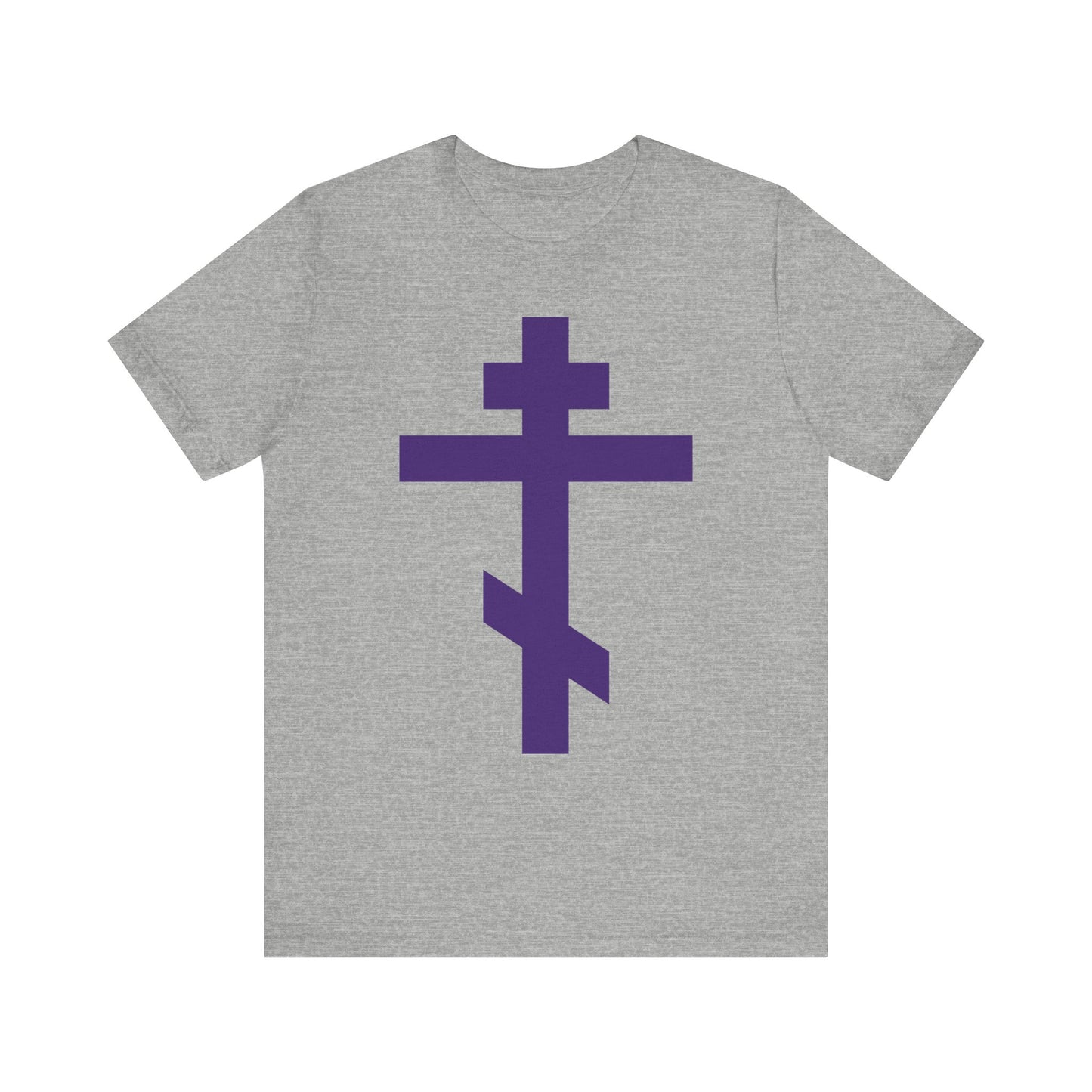 Athletic Heather unisex lightweight cotton tee featuring a large purple Orthodox Tribar Cross on the front, inspired by the faith and legacy of St. John of Kronstadt and bearing the message: "Preserve Thy People By Thy Cross, O Lord | Christ is King.