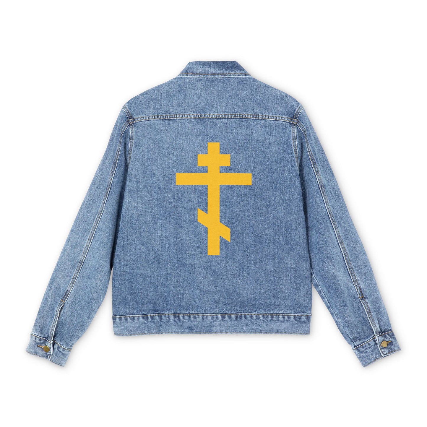 Medium denim wash Orthodox Jean Jacket featuring a large yellow Orthodox cross on the back, inspired by "Precious and Life-Giving Weapon of Unseen Warfare" and Galatians 2:20.