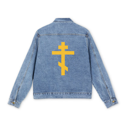 Medium denim wash Orthodox Jean Jacket featuring a large yellow Orthodox cross on the back, inspired by "Precious and Life-Giving Weapon of Unseen Warfare" and Galatians 2:20.