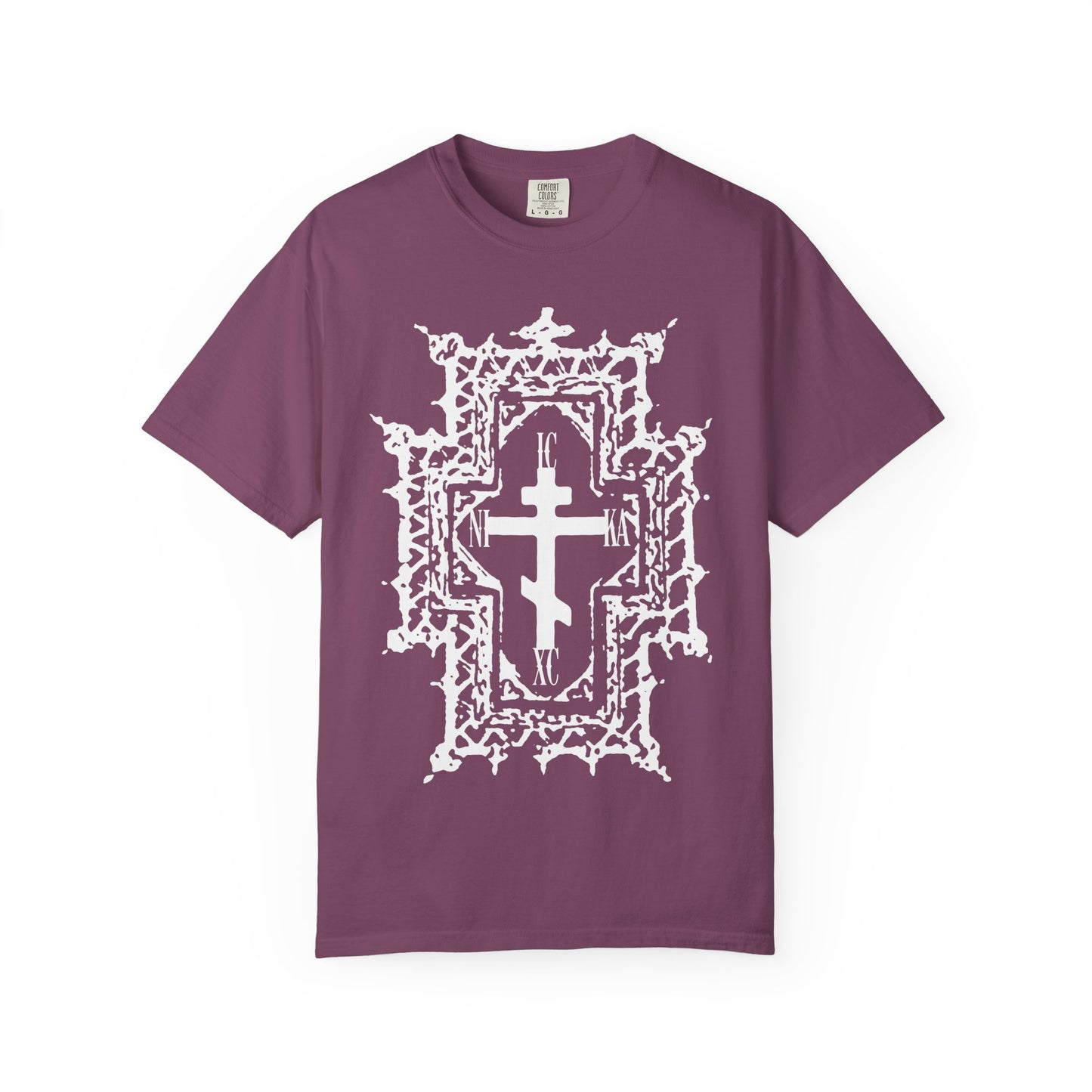 Berry heavyweight cotton unisex tee featuring a white Gothic cathedral-style Orthodox cross graphic with intricate crown of thorns-inspired details symbolizing Jesus’ sufferings, from the ICXC NIKA | Jesus Christ Conquers | Healed By His Wounds collection.