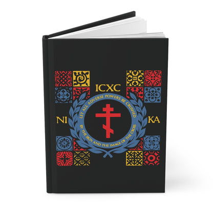 Let All Adverse Powers Be Crushed (Red, Yellow & Blue Design) | ICXC NIKA | Medieval Tile Design | Orthodox Christian Hardcover Journal