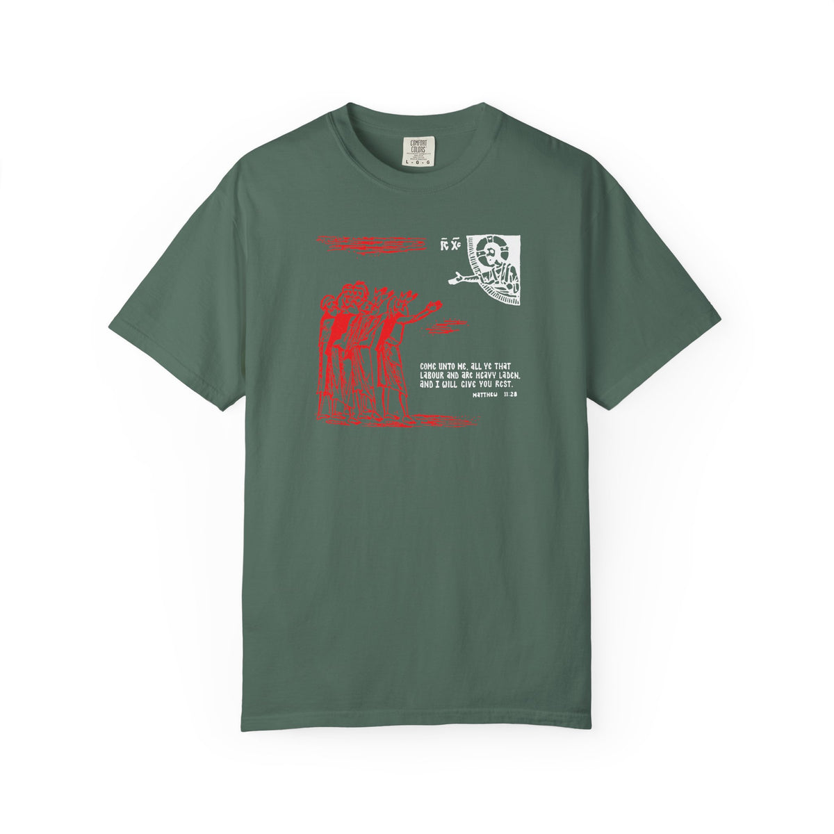 Blue Spruce t-shirt featuring a striking red and white icono-graphic drawing with a skeleton, people, and text on the front—an Orthodox heavyweight cotton unisex tee inspired by St Cyril of Alexandria and his teachings on the divine nature. Product name: “Come Unto Me All Ye That Labour & Are Heavy Laden (Matt. 11:28).”.