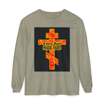 The "Every Knee Shall Bow" Christian long sleeve features a gold and red floral texture Orthodox cross with gothic lettering, inspired by Isaiah 45:22-24 and Philippians 2:7-11.