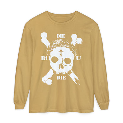 Mustard long-sleeve “Die Before You Die” shirt with retro skull & crossbones, Orthodox cross, laurel wreath, and “Memento Mori”—an ascetic Christian design inspired by Matthew 16:24-25.