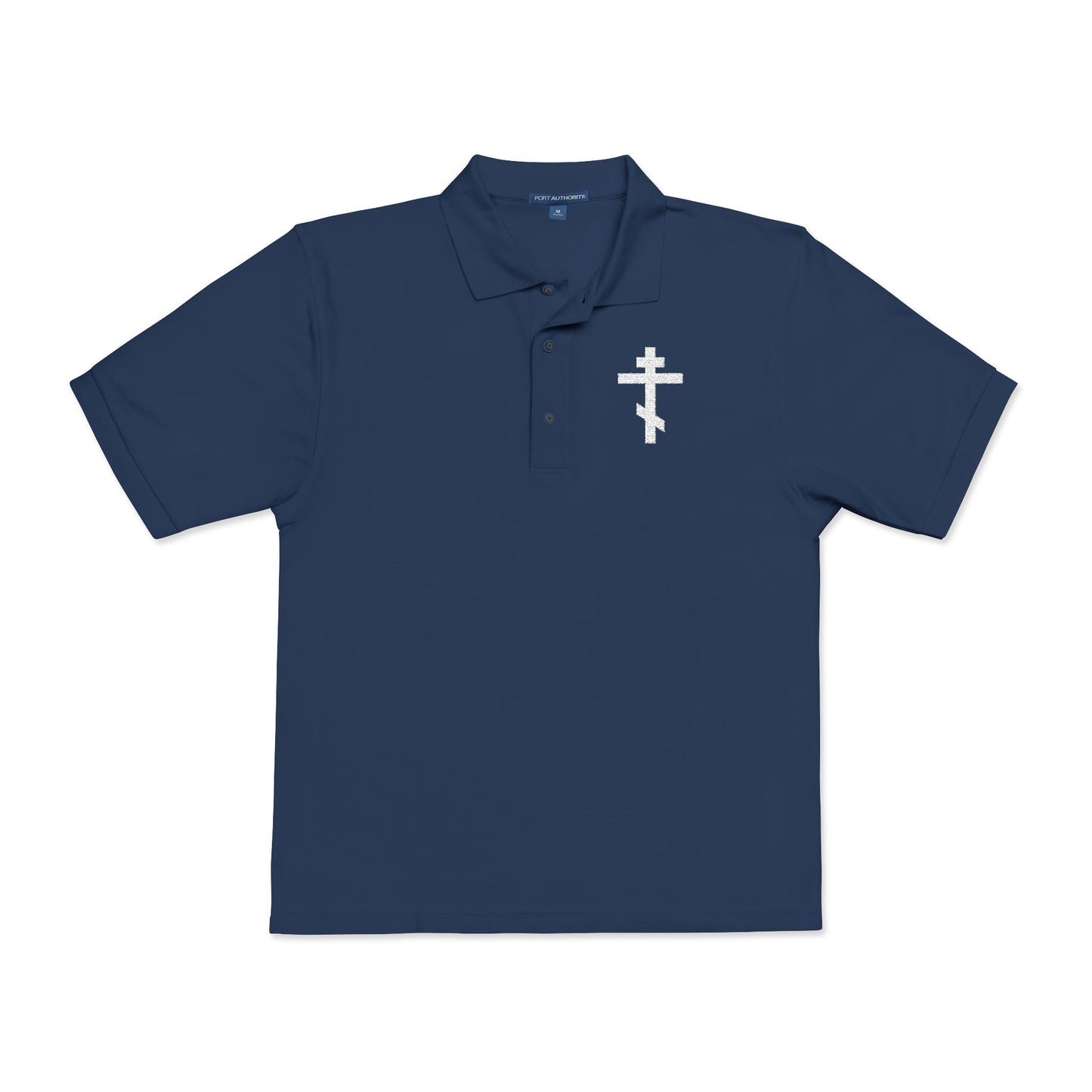 Embroidered White Orthodox Cross | "May I never boast, except in the cross of our Lord Jesus Christ" (Gal 6:14) | Christian Polo Shirt