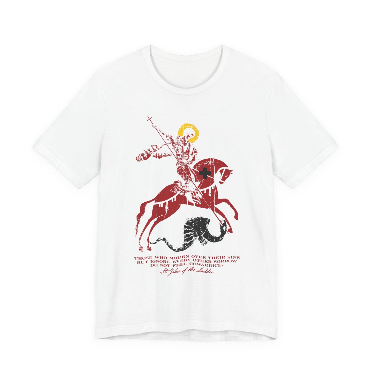 White “Those Who Mourn Over Their Sins” t-shirt featuring an iconographic illustration of St George slaying the dragon, with a quote below inspired by St John Climacus on godly mourning and the sadness of soul; Orthodox Christian lightweight cotton unisex tee.