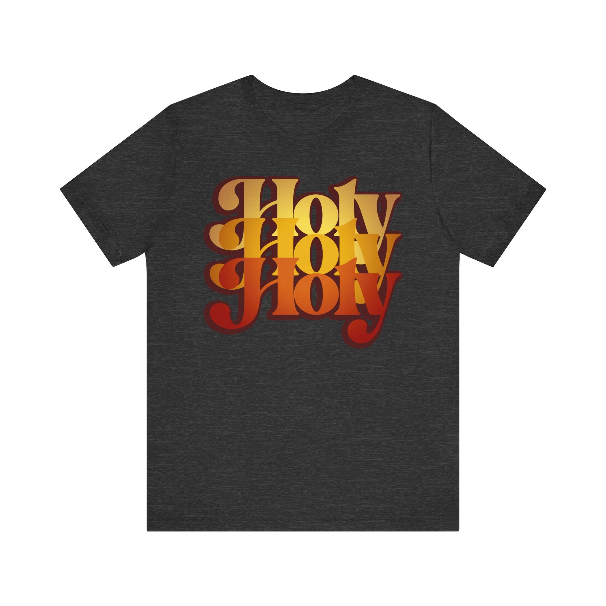 Dark Grey Heather tee featuring "Holy Holy Holy" in bold 70s-style yellow and red text, inspired by Isaiah 6. Lightweight cotton unisex shirt referencing the Trisagion liturgical prayer of the Cherubim & Seraphim.