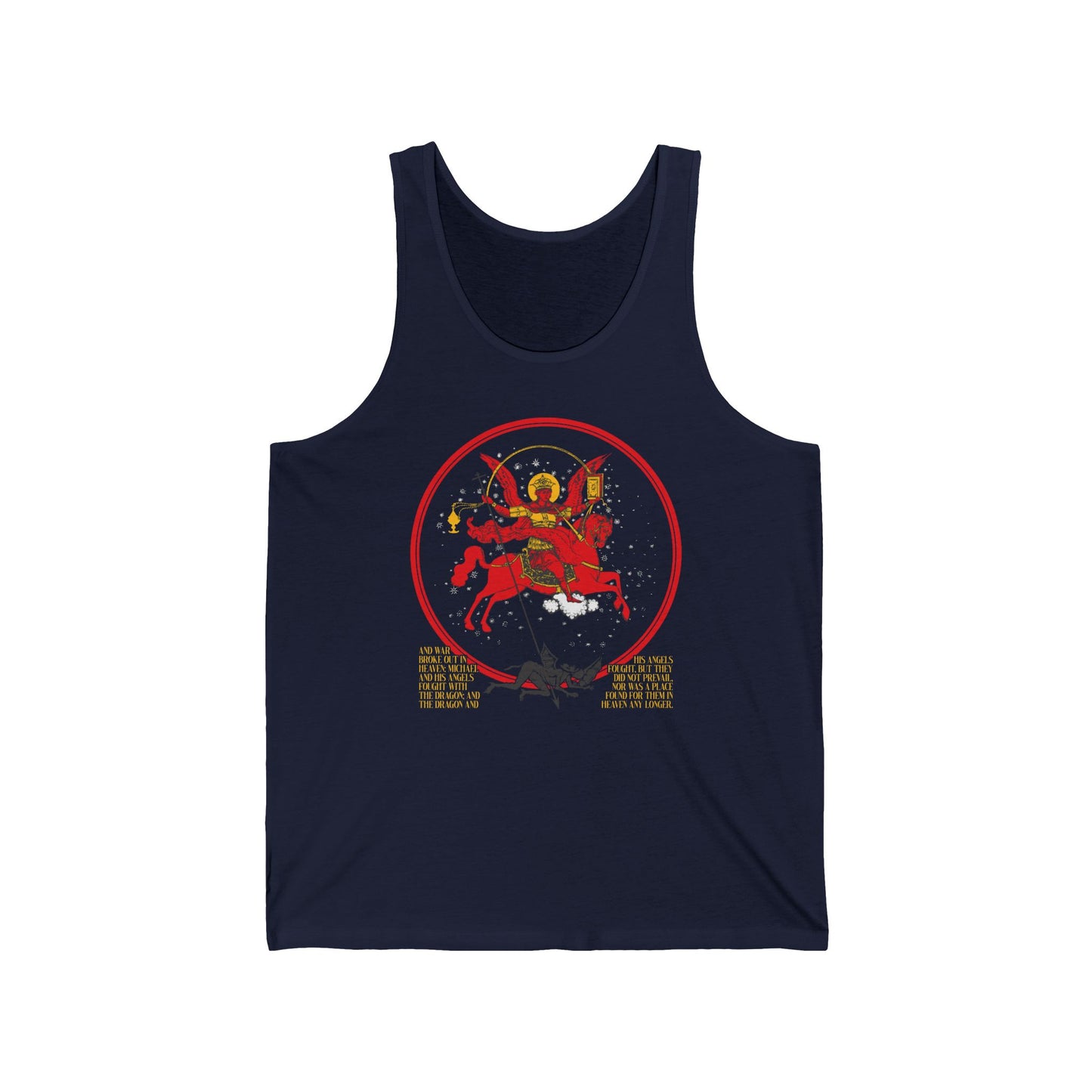 Navy Archangel Michael of the Apocalypse tank top featuring an iconographic War in Heaven (Rev 12:7-9) design with Satan cast out, inspired by Orthodox Christian art. Cotton material.