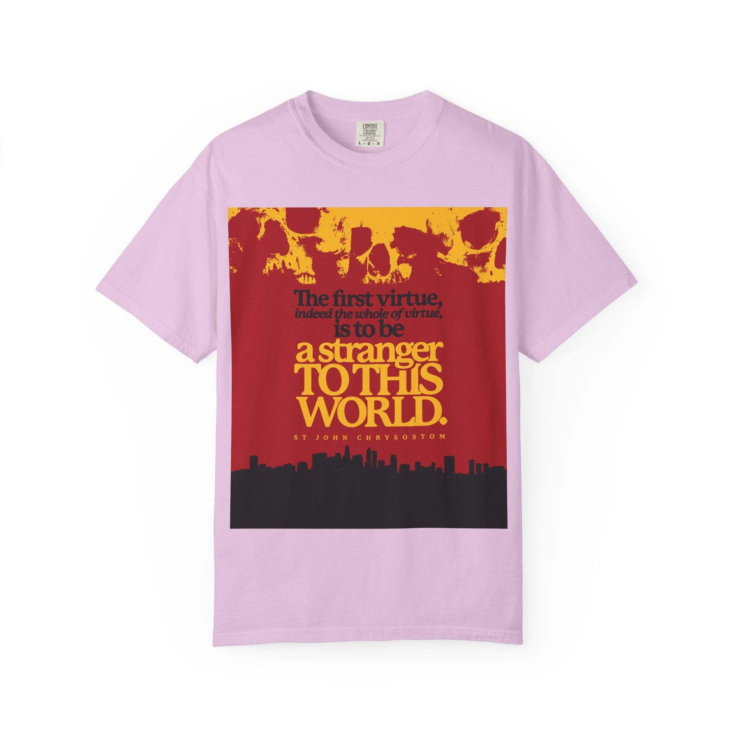 Orchid unisex tee featuring skulls, a cityscape, and St John Chrysostom’s “All of Virtue is Be a Stranger To this World,” inspired by Hebrews 11:13-16—Orthodox Christian heavyweight cotton.