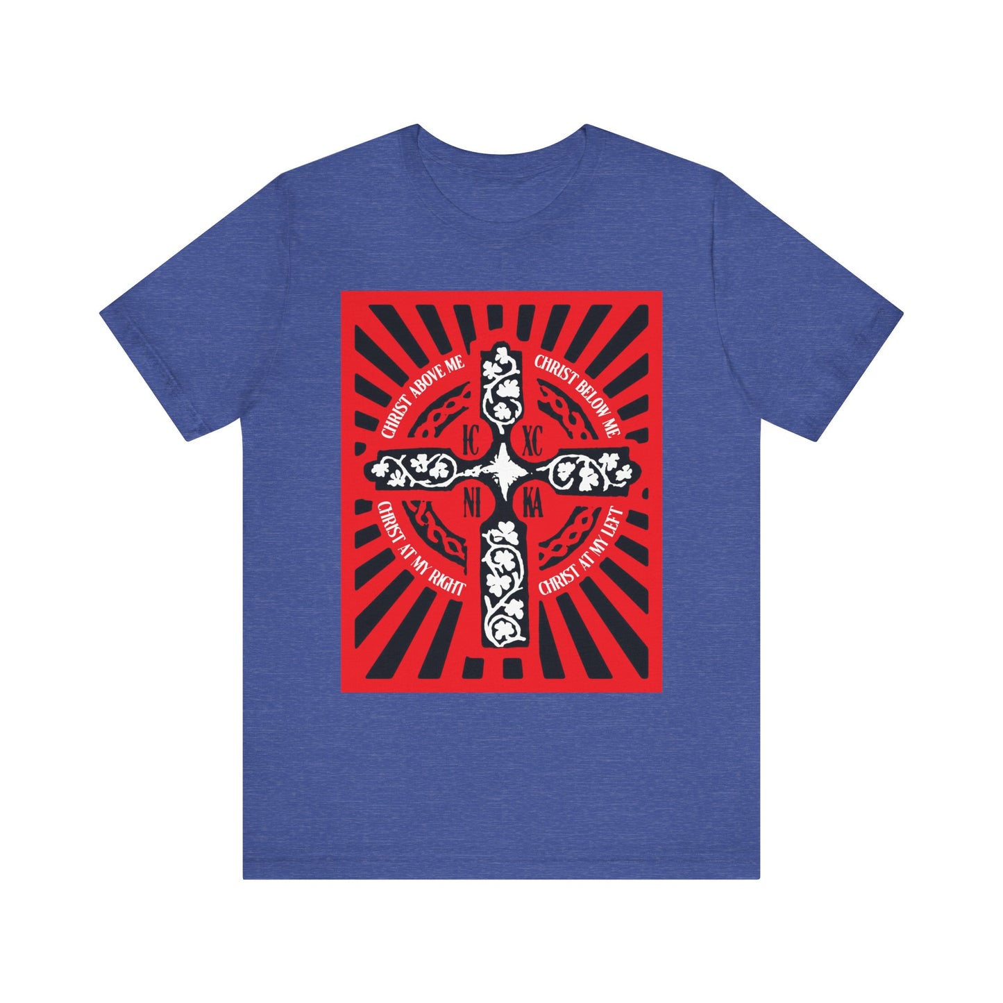 Heather True Royal T-shirt featuring a red-bordered ICXC NIKA Enniskillen Celtic cross with Orthodox Christian text from the Lorica of St. Patrick shield prayer, surrounded by radiant lines.