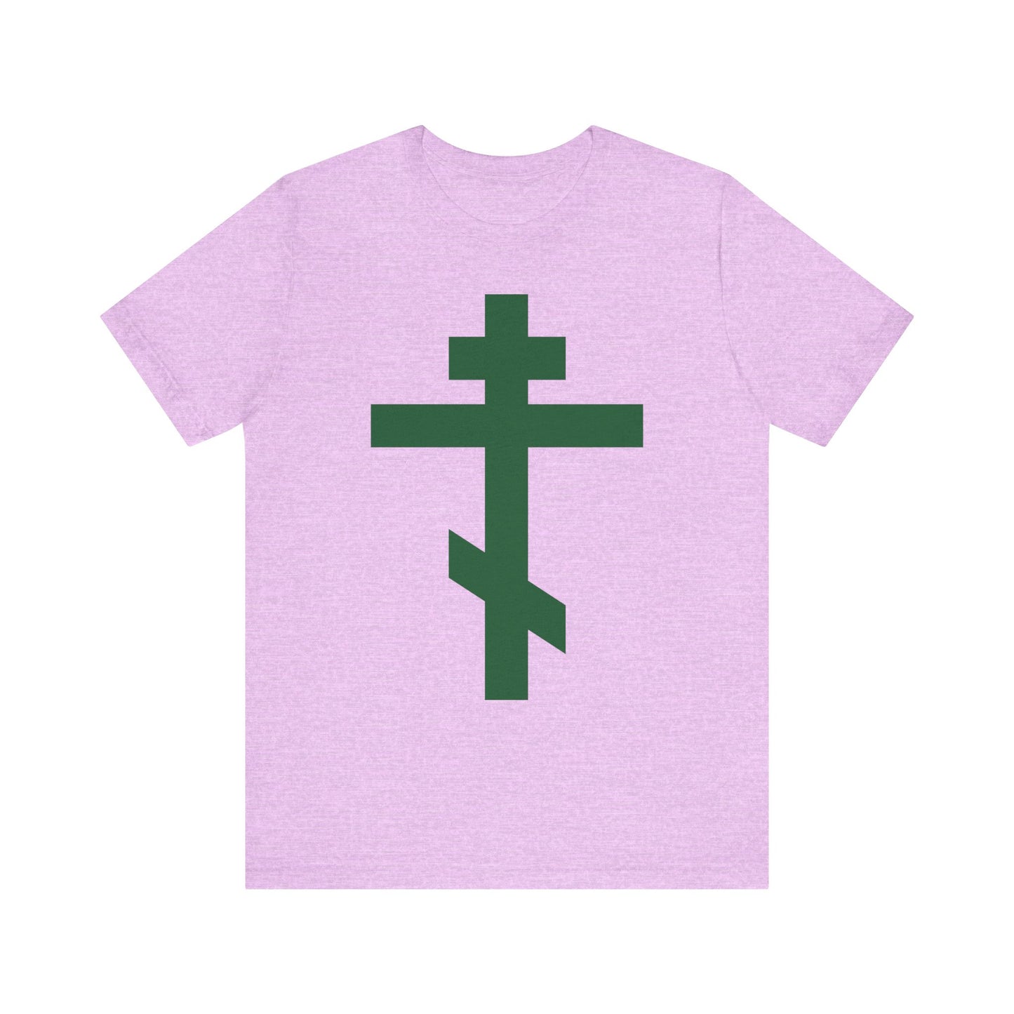 Heather Prism Lilac unisex tee featuring a large forest green Orthodox Tribar Cross, with "Preserve Thy People By Thy Cross, O Lord" and "Christ is King" text. Lightweight cotton and symbolic design reflecting faith.