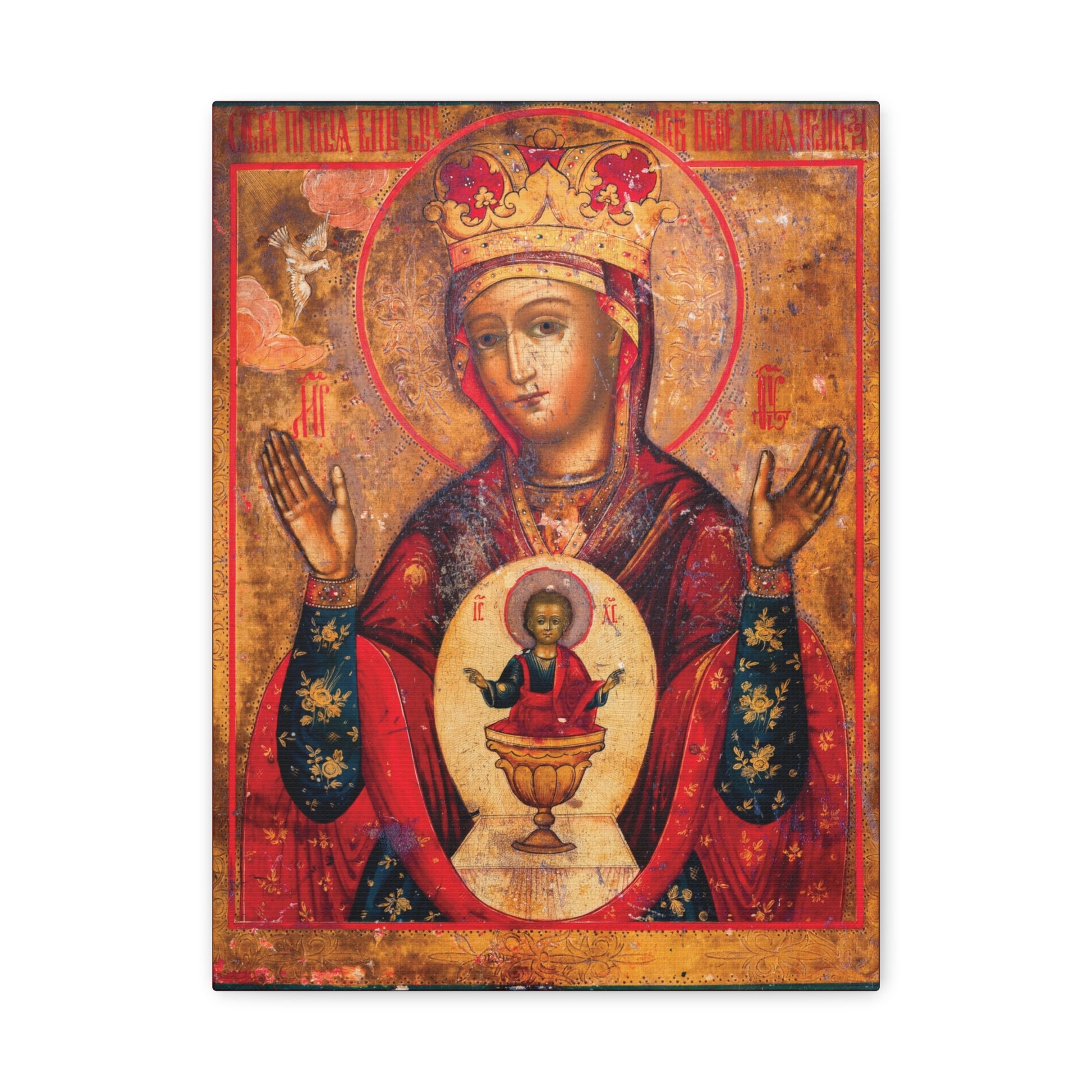 Mother of God of Nicaea Russian Orthodox Christian Icon: This sacred wall art features the Theotokos Mary—crowned, with raised hands and the Christ Child depicted in a chalice on her chest as a symbol of Heavenly Bread—set against a vivid red and gold backdrop.