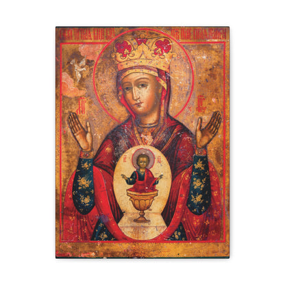 Mother of God of Nicaea Russian Orthodox Christian Icon: This sacred wall art features the Theotokos Mary—crowned, with raised hands and the Christ Child depicted in a chalice on her chest as a symbol of Heavenly Bread—set against a vivid red and gold backdrop.