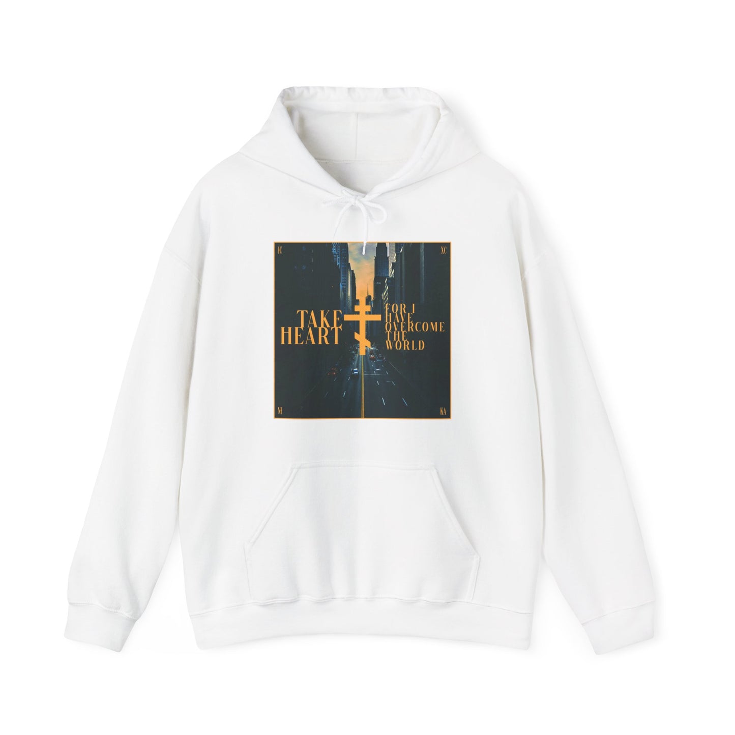 The white "Take Heart, For I Have Overcome the World" hoodie features a redemptive modern city street scene design, inspired by John 16:33—an uplifting Orthodox Christian piece for moments of hope.