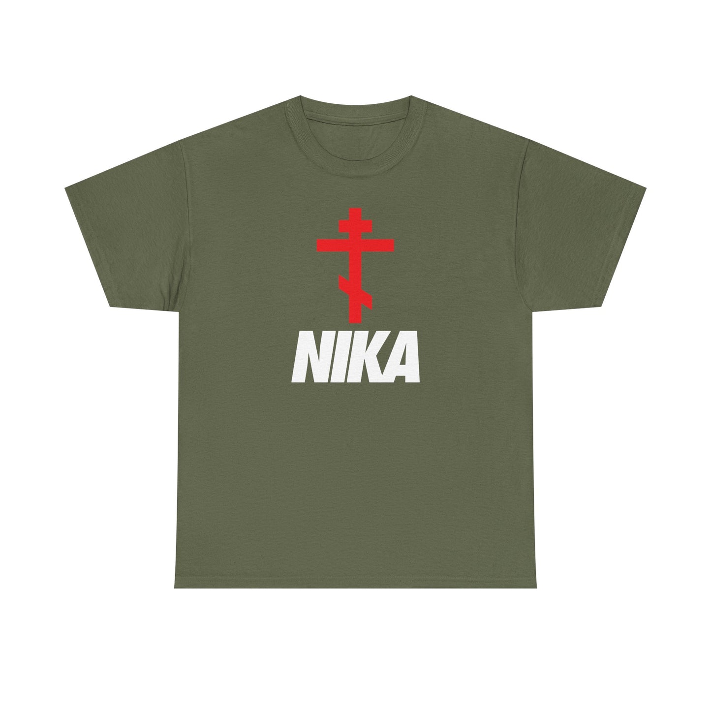 Military green t-shirt with an Orthodox Cross and bold white NIKA text in a Nike-inspired mashup, blending athletic ascetic fashion and minimalist Christian design on heavy cotton.