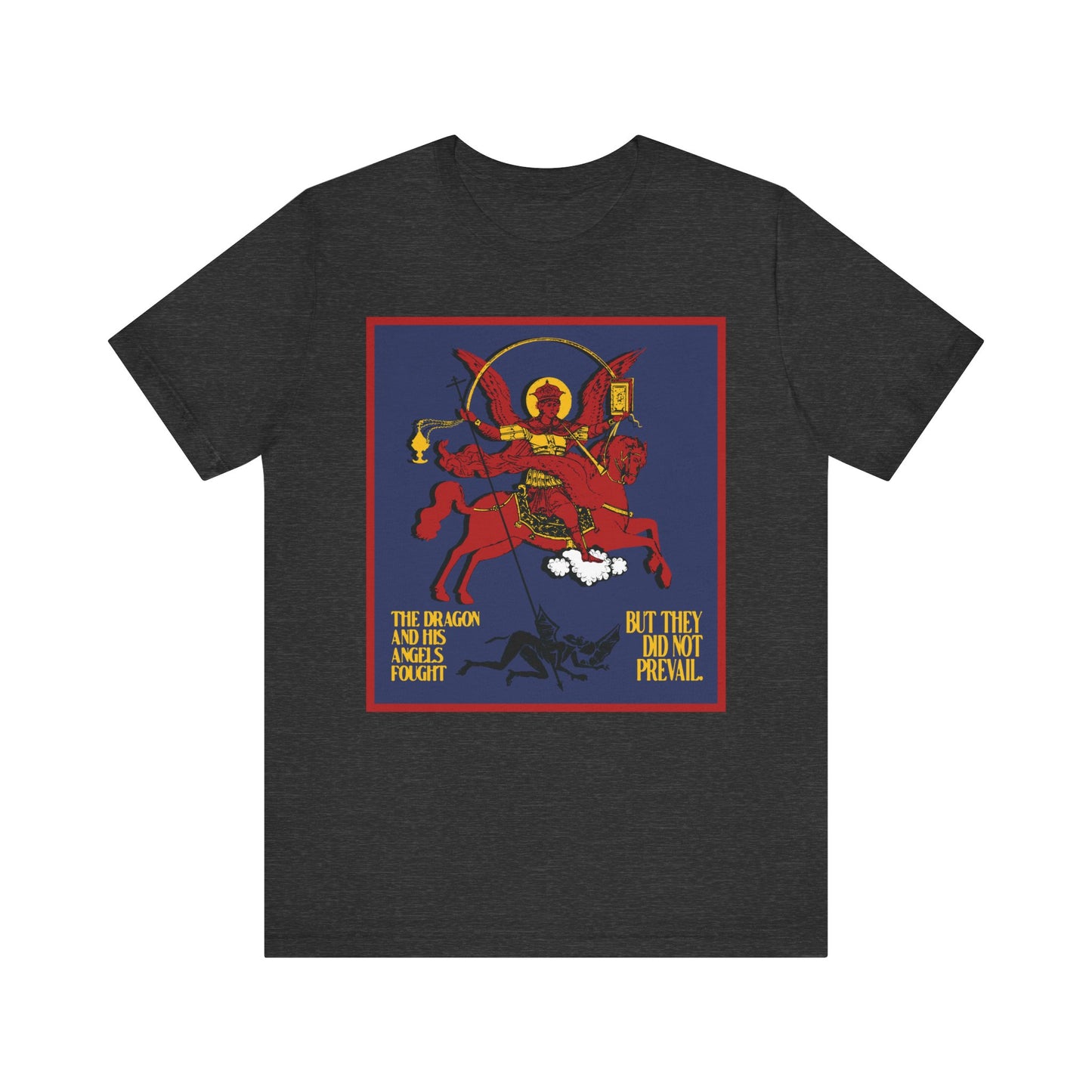 Dark Grey Heather tee showcasing Archangel Michael defeating Satan the Dragon (Rev 12:7-8) in apocalyptic iconographic style; Orthodox Christian lightweight unisex cotton shirt.