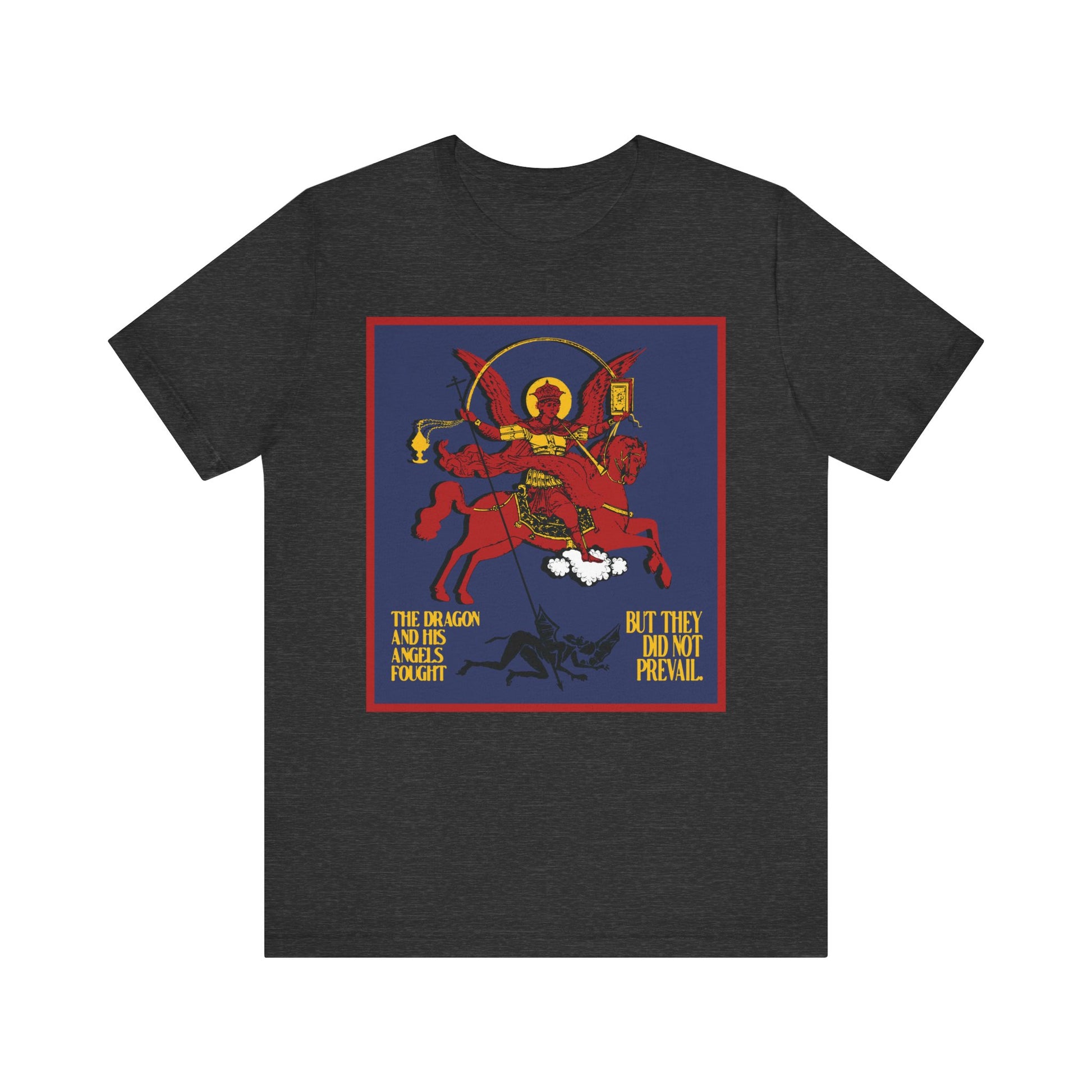 Dark Grey Heather tee showcasing Archangel Michael defeating Satan the Dragon (Rev 12:7-8) in apocalyptic iconographic style; Orthodox Christian lightweight unisex cotton shirt.