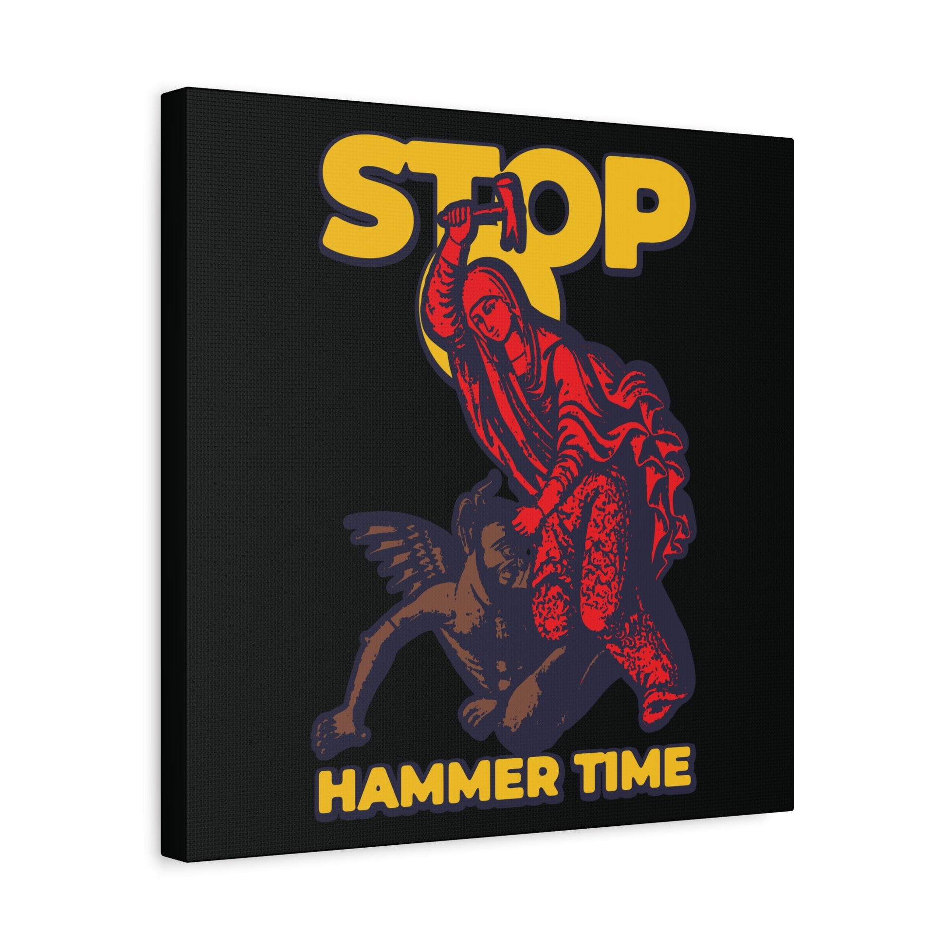 Modern Orthodox meme wall art: St Marina of Antioch beating the devil with a hammer, with bold yellow "STOP HAMMER TIME" text. Features red, blue, and yellow tones. Christian decor inspired by the lives of saints.