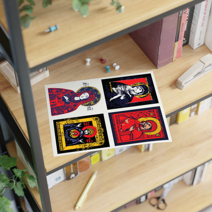 A set of four colorful art prints with stylized portraits sits on a wooden shelf, perfect to pair with Remembrance of Death Theotokos IconoGraphic Sticker Collection No. 1, featuring Orthodox designs like the Vladimir Icon and Joy of All Joys.