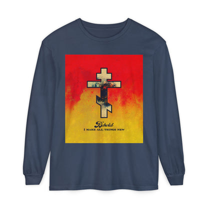 Behold, I Make All Things New (Revelation 21:5) | Cosmic Orthodox Cross on Red and Yellow Background | Orthodox Christian Long Sleeve Shirt